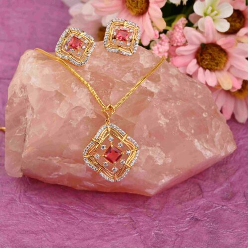 Gold Pendant Set With Red AD Stone