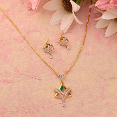 Designer Gold Pendant Set With Green AD Stone