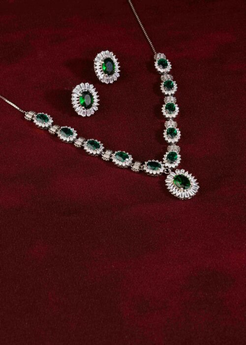 AD Stone Green Silver Necklace Set