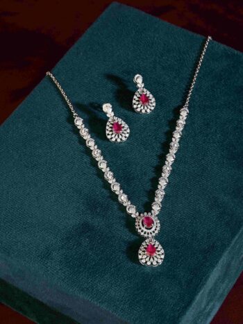 AD Stone Pink Silver Necklace Set