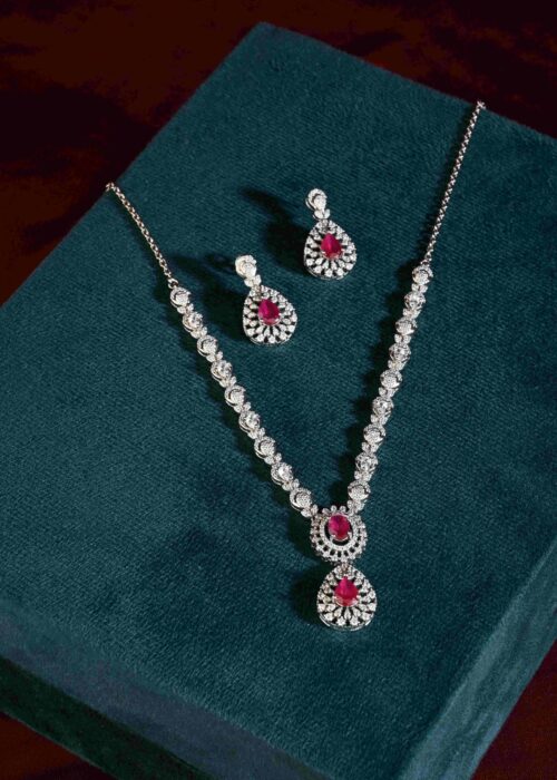 AD Stone Pink Silver Necklace Set